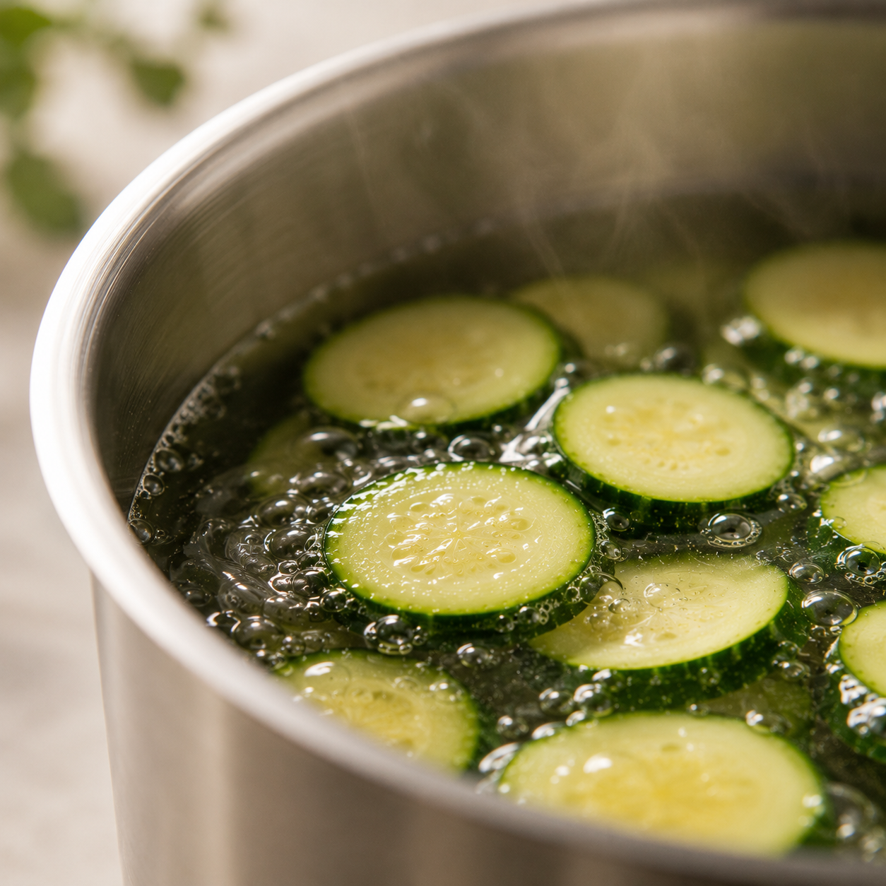 In einem hochwertigen Fissler-Edelstahltopf garen in kochendem Wasser liegende Zucchinischeiben, während sanfter Dampf aufsteigt und so die charakteristische deutsche Ingenieurskunst und das zeitlose Design des Topfes zur Geltung bringt.