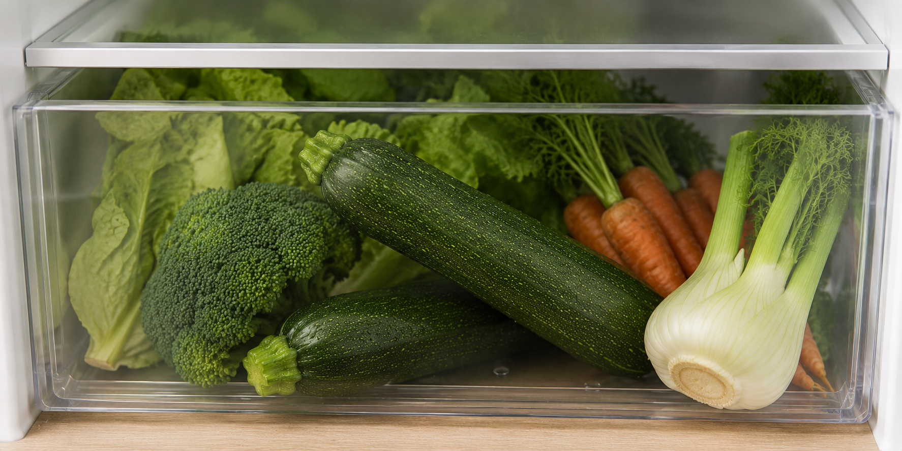 Eine Kühlschrankschublade, gefüllt mit frischem Gemüse – knackiger Salat, knackfrischer Brokkoli, Zucchini, Möhren mit grünem Blatt und eine Fenchelknolle –, die Zutaten präsentiert, die nur darauf warten, mit dem präzise gefertigten Kochgeschirr von Fissler zubereitet zu werden. Die Szene spiegelt das Bekenntnis zu Frische und Qualität wider, das den Standards der langlebigen Töpfe und Pfannen von Fissler entspricht, die seit 1845 in Deutschland hergestellt werden.