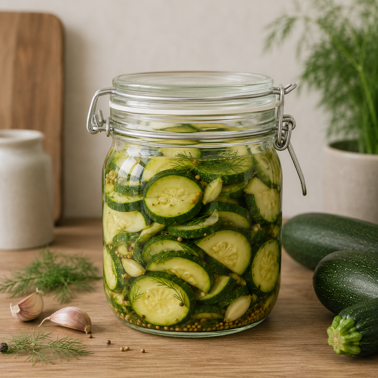 Eine detailgetreu nachgebildete Szene zeigt ein Glasgefäß, gefüllt mit in Scheiben geschnittenen Gewürzgurken, Knoblauch und Kräutern, das auf einem Holztisch steht, umgeben von frischem Dill, Knoblauchzehen und Zucchini. Diese Darstellung spiegelt Fisslers Engagement für Qualität bei der Zubereitung von Speisen wider – wo fachmännisch entwickeltes Kochgeschirr dafür sorgt, dass jede Zutat perfekt verarbeitet wird.