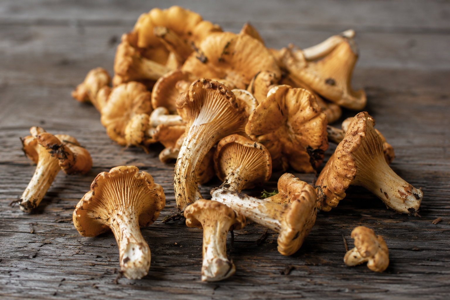 Fresh chanterelle mushrooms with vibrant yellow-orange caps and distinctive ridged stems are artfully arranged on a rustic wooden surface, ready to be expertly prepared using Fissler’s precision-engineered German cookware.