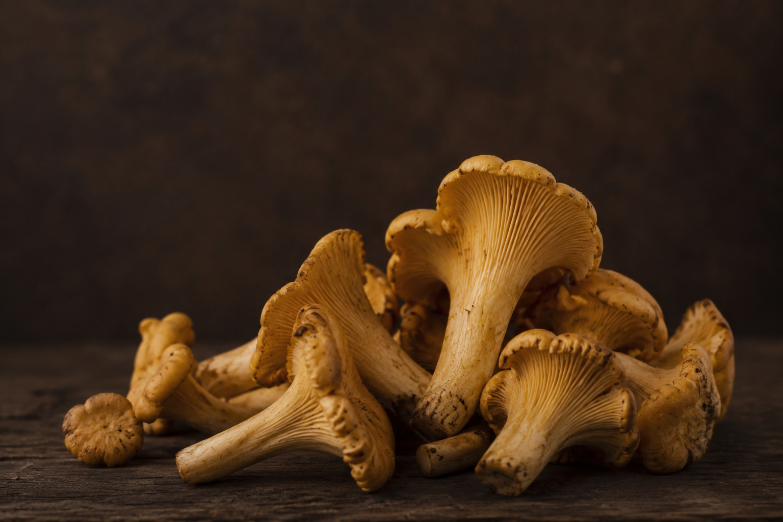A cluster of vibrant yellow chanterelle mushrooms is arranged on a dark wooden surface, set against a brown textured background—an inviting scene showcasing the quality ingredients that pair perfectly with Fissler’s precision-engineered stainless steel cookware, designed for exceptional results and enduring style.