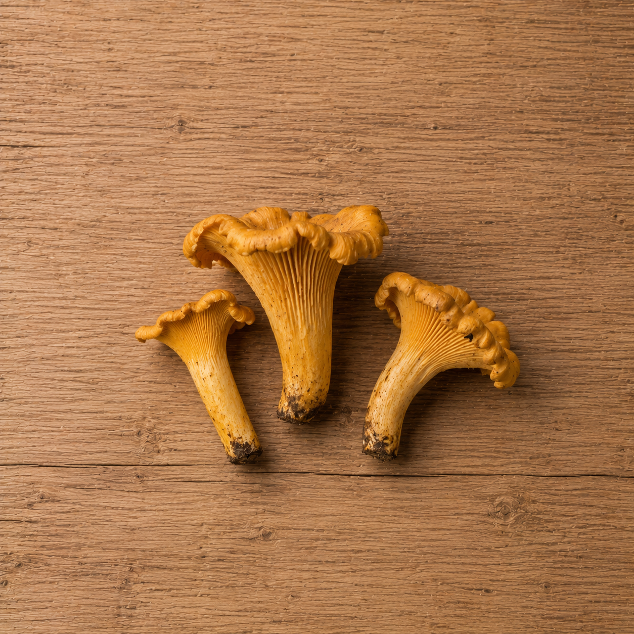 Three yellow chanterelle mushrooms with textured caps and stems are displayed on a wooden surface, viewed from above—an inviting natural ingredient ready to be transformed in a Fissler stainless steel pan or pot, highlighting the perfect harmony between fresh ingredients and precision-engineered German cookware.