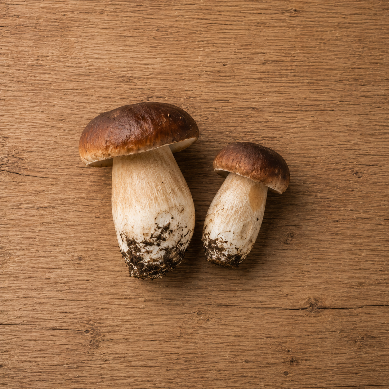 Two fresh porcini mushrooms with brown caps and thick white stems rest on a premium wooden surface, highlighting their natural freshness—ideal for preparing gourmet dishes with Fissler’s precision-engineered stainless steel cookware. Some soil remains attached to the base of the stems, emphasizing their authentic quality and freshness.