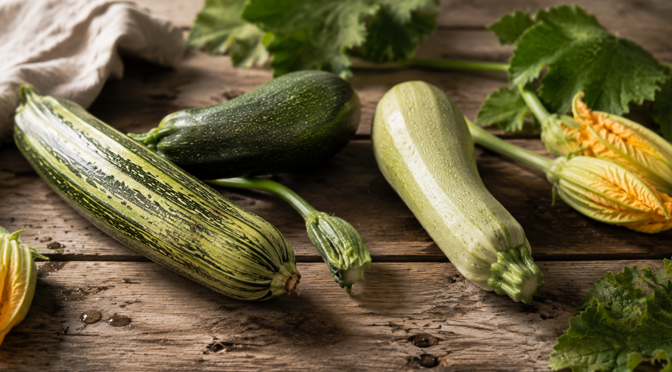 Frische Zucchini – sowohl gestreifte als auch hellgrüne mit zarten Blüten – sind kunstvoll auf einer rustikalen Holzunterlage neben grünen Blättern und vor einem hellen Stoffhintergrund arrangiert – und fangen so die Essenz hochwertiger Zutaten ein, die nur darauf warten, in Ihrem Fissler-Kochgeschirr zubereitet zu werden, wo präzise Technik auf zeitloses Küchendesign trifft.