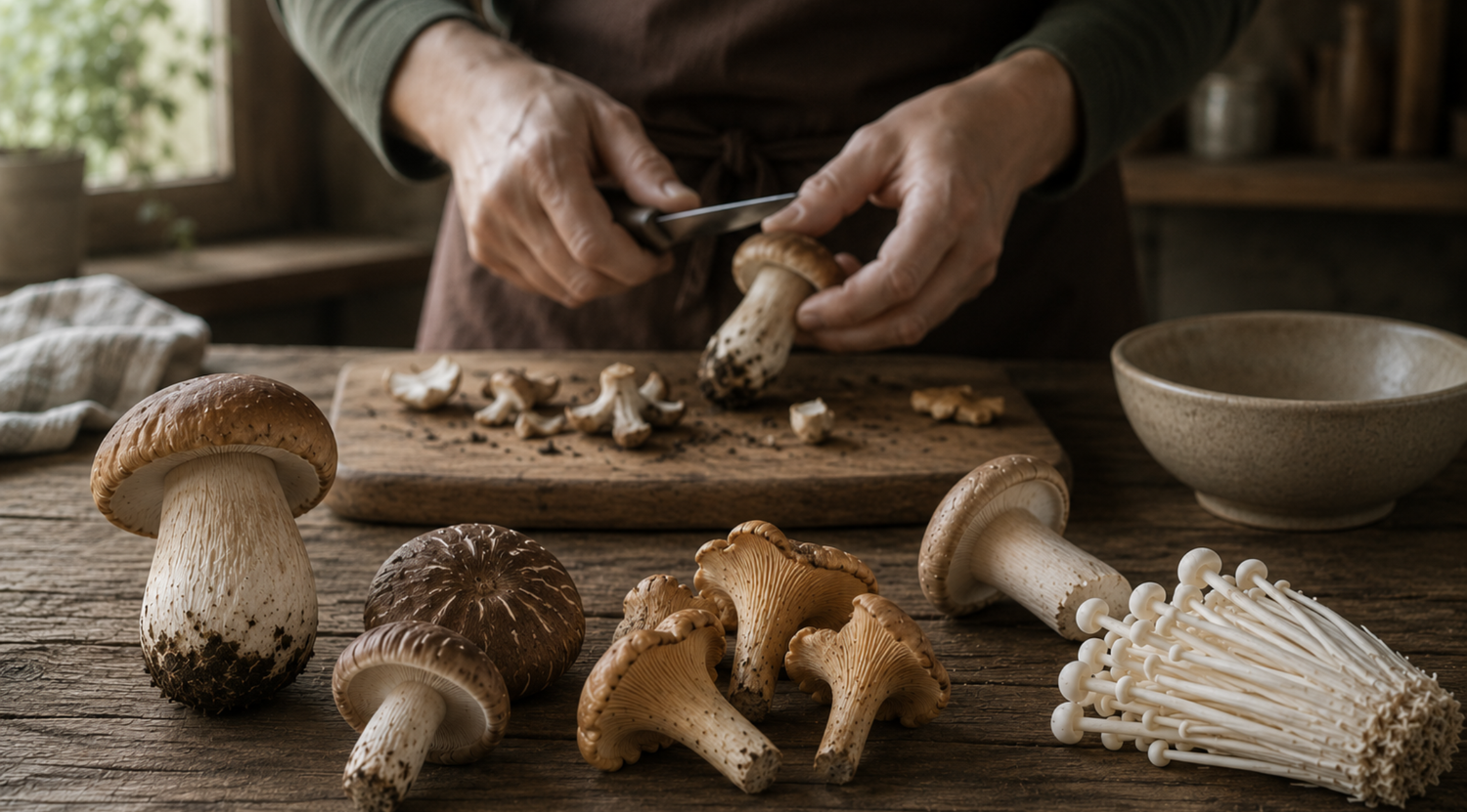 Eine Person schneidet auf einem rustikalen Holztisch frische Pilze auf einem Holzschneidebrett in Scheiben, umgeben von ganzen Pilzen und einer Schüssel, und verwendet dabei hochwertiges Fissler-Küchenzubehör, das deutsche Präzisionstechnik und zeitloses Design widerspiegelt.