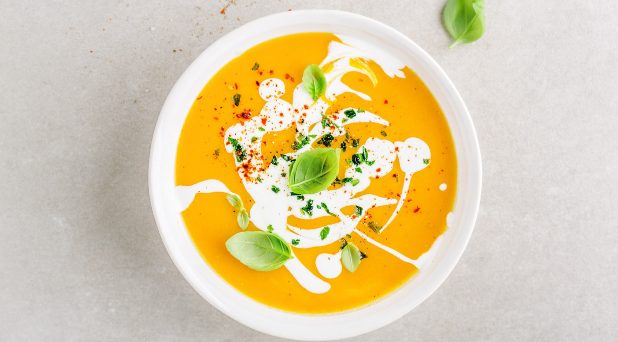 Die cremige Orangensuppe wird elegant serviert, garniert und gestaltet, wobei die präzise gefertigte Schale von Fissler auf einer schlichten grauen Oberfläche präsentiert wird.