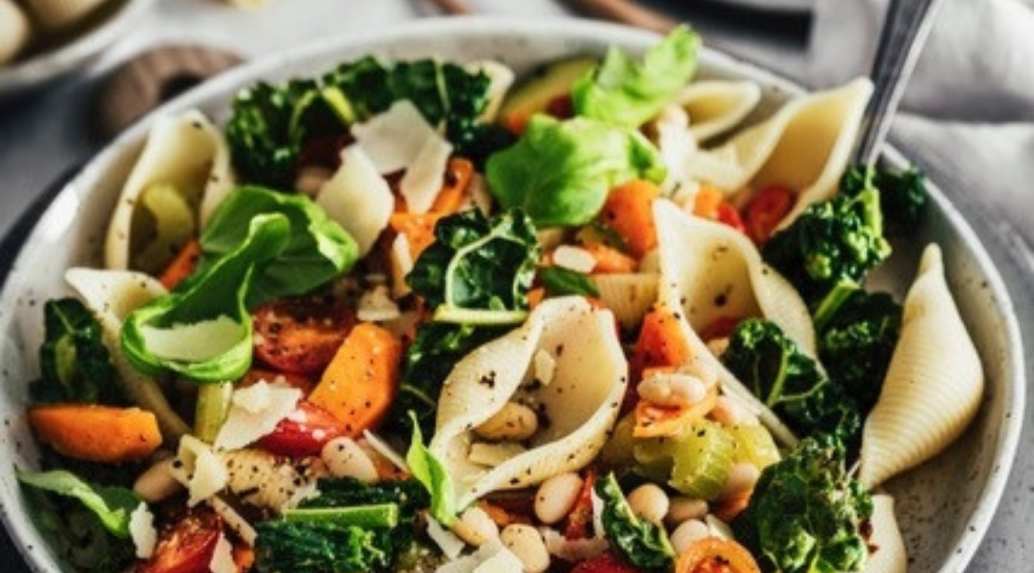 Nudelschalen mit Grünzeug, Tomaten, Bohnen und Käse in einer Fissler-Schale. Die Gabel ruht im Inneren - für dauerhafte Eleganz in der Küche.