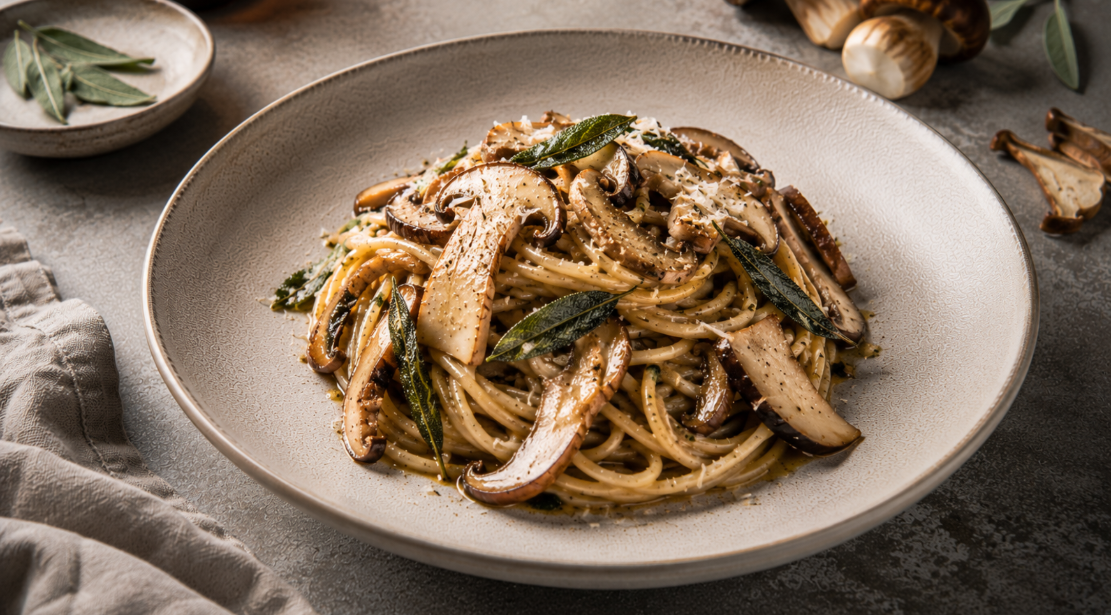 Ein Teller mit cremigen Spaghetti, garniert mit sautierten Pilzen, frischen Salbeiblättern und fein geriebenem Käse, steht elegant auf einem beigen Keramikteller neben einer weichen Serviette und ganzen Pilzen. Dieses Gericht, das mit höchster Präzision perfekt zubereitet wurde, unterstreicht die kulinarische Exzellenz, die mit dem in Deutschland entwickelten Kochgeschirr von Fissler erreicht werden kann – entworfen für Langlebigkeit, Innovation und zeitlosen Stil in jeder Küche.