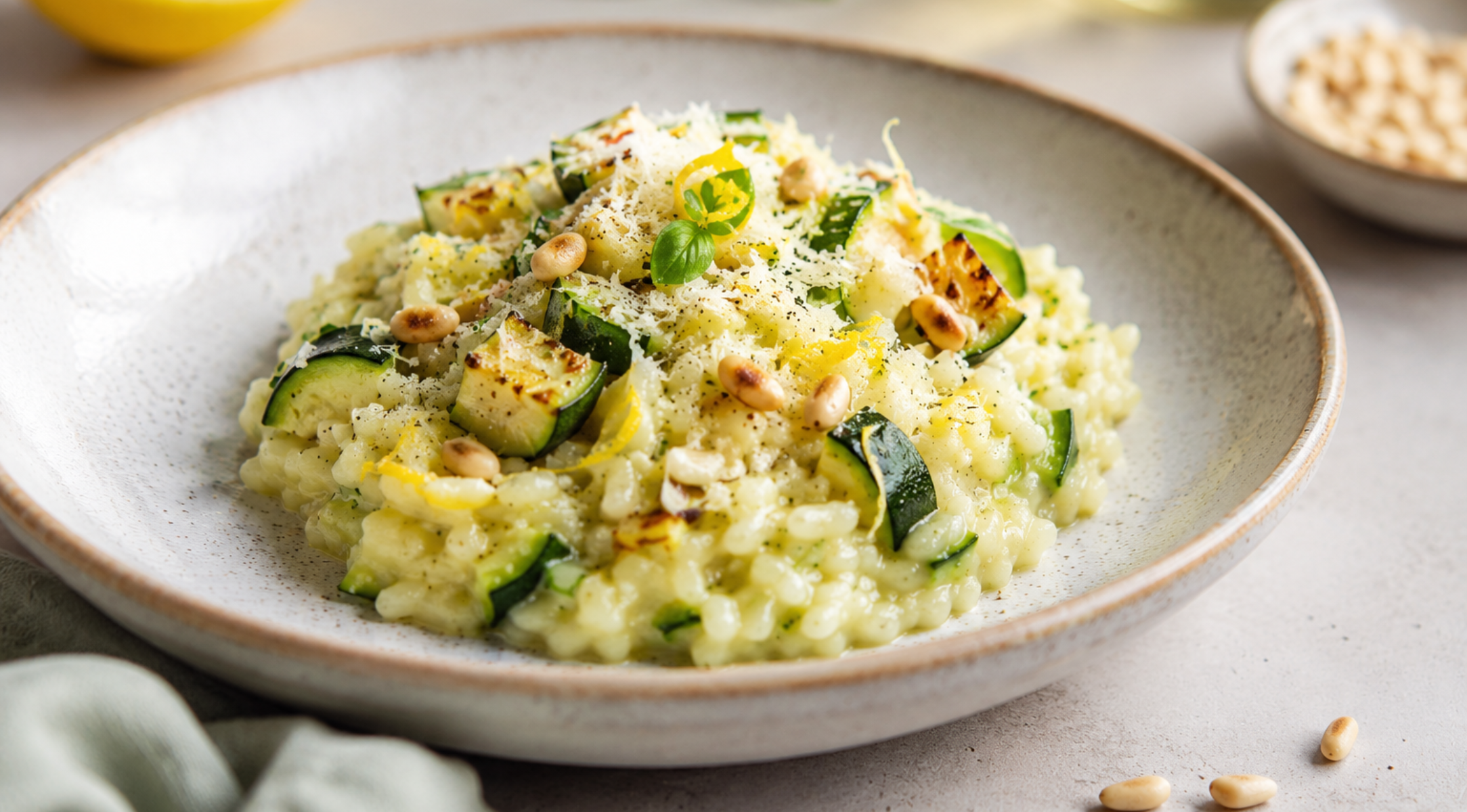 Eine Schüssel cremiges Risotto, elegant garniert mit gegrillten Zucchini, Pinienkernen, geriebenem Käse, Zitronenschale und einem frischen Basilikumblatt, serviert auf einem hellen Keramikteller – perfekt zubereitet mit dem präzisionsgefertigten Edelstahl-Kochgeschirr von Fissler, das für außergewöhnliche Ergebnisse und zeitlosen Stil sorgt.