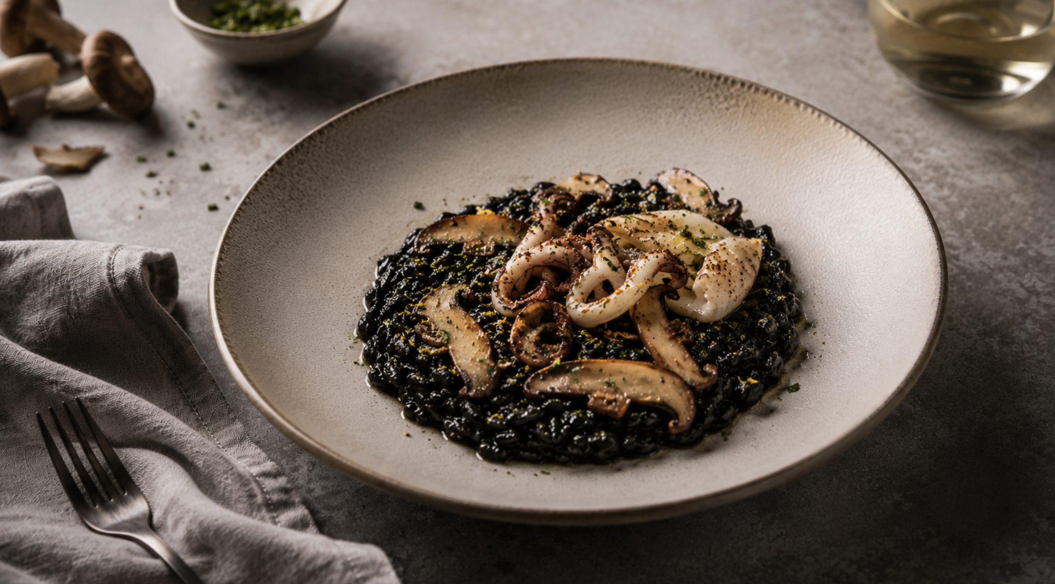 Ein Risotto mit schwarzer Tintenfischtinte, garniert mit sautierten Pilzen und frischen Kräutern, wird elegant auf einem grauen Tisch präsentiert, begleitet von einer Gabel, einer Serviette und einer kleinen Schale mit gehackten Kräutern – ein einladendes Bild, das die Präzision und das zeitlose Design unterstreicht, die dem Edelstahl-Kochgeschirr von Fissler würdig sind.