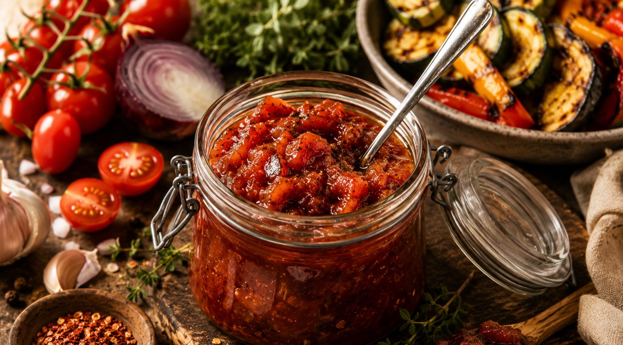 Ein Glas mit stückigem Tomaten-Chutney und einem Löffel steht auf einem rustikalen Holztisch, umgeben von frischen Kirschtomaten, roten Zwiebeln, Kräutern, Knoblauch und einem Teller mit gegrilltem Gemüse – zubereitet mit hochwertigem Fissler-Kochgeschirr und -Zubehör, das für präzise Technik und zeitloses deutsches Design bekannt ist.