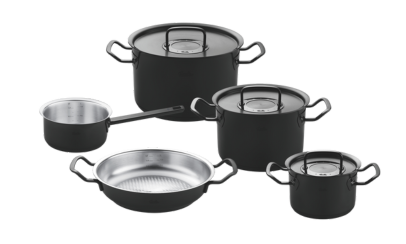 Five-piece black Cookware set by Fissler: three pots with Lid, frying pan, Saucepan, all with matching handles, on a white background.