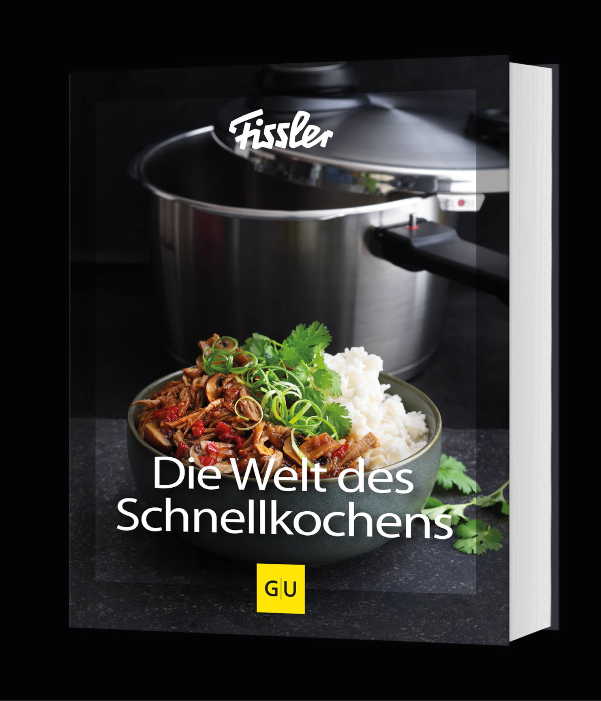 Ein Schnellkochtopf von Fissler aus Edelstahl steht hinter einem Kochbuch, Die Welt des Schnellkochens, mit Reis und Fleisch auf dem Cover.