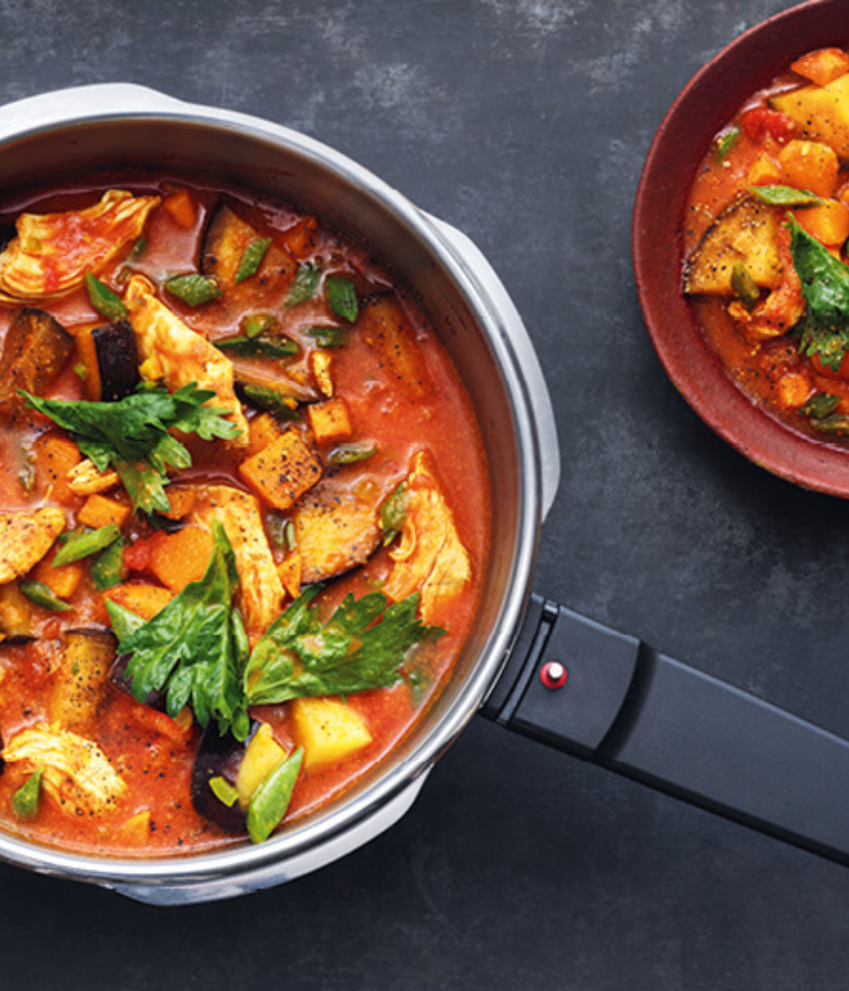 Ein Fissler-Edelstahltopf, gefüllt mit buntem Gemüseeintopf, neben einer Schüssel mit dem Gericht, auf einer dunklen Fläche.