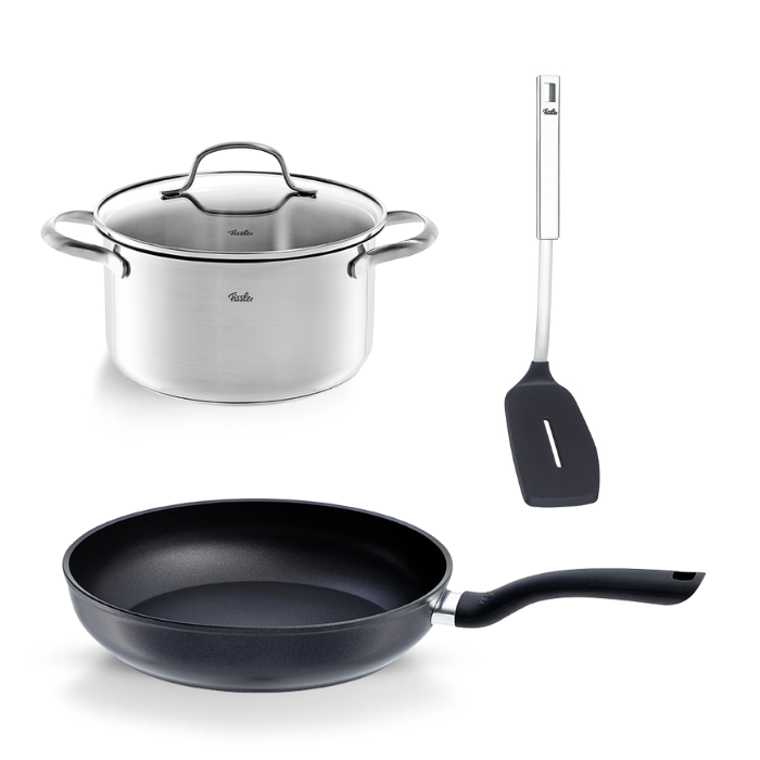 Fissler Starter Cooking Set, 3-piece: stainless steel Cooking Pot with Lid, induction pan, spatula - modern, functional on white.