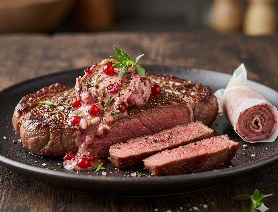 Ein saftiges Steak mit Kräuterbutter und Beeren, garniert mit Kräutern auf einem dunklen Teller, präsentiert auf einem Holztisch mit Fissler-Kochgeschirr.