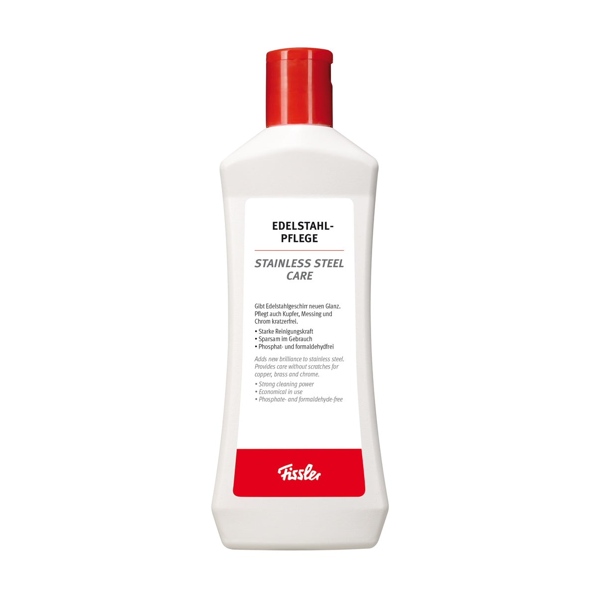Fissler Edelstahl-Pflege: Weiße Flasche mit roter Kappe, umweltfreundliche Formel; reinigt Fissler Edelstahl-Töpfe & Pfannen kratzfrei.