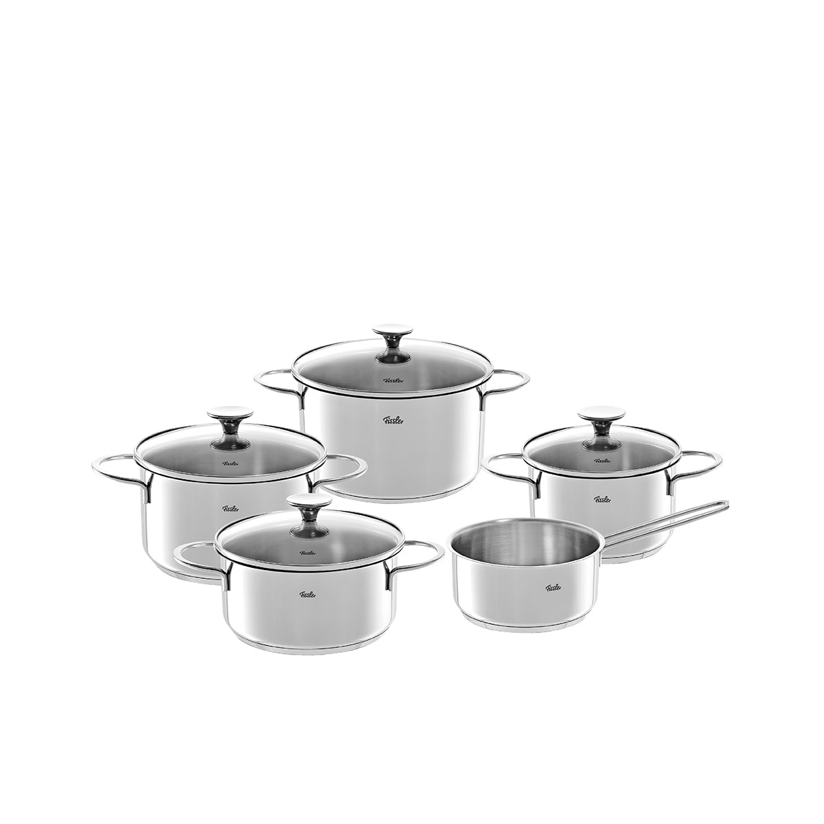 Fissler Copenhagen Topf-Set: 5 Edelstahltöpfe mit Glasdeckeln - energiesparendes Kochgeschirr, induktionsgeeignet, kultiges deutsches Design.