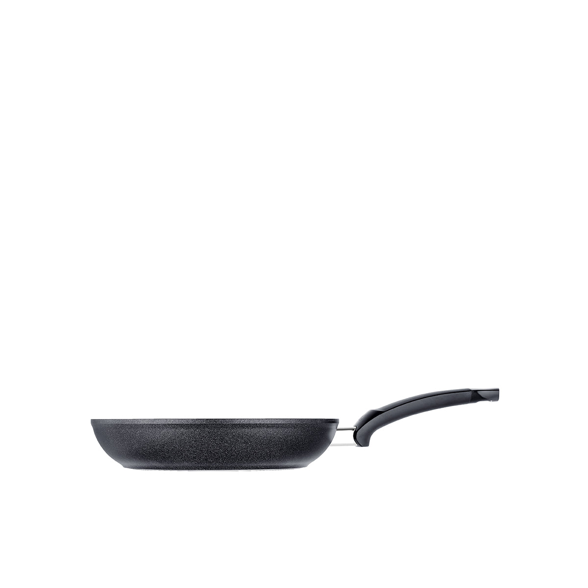 Fissler Levital®+ Classic frying pan in black, made from recycled aluminum with an ergonomic handle, shown in profile on white.