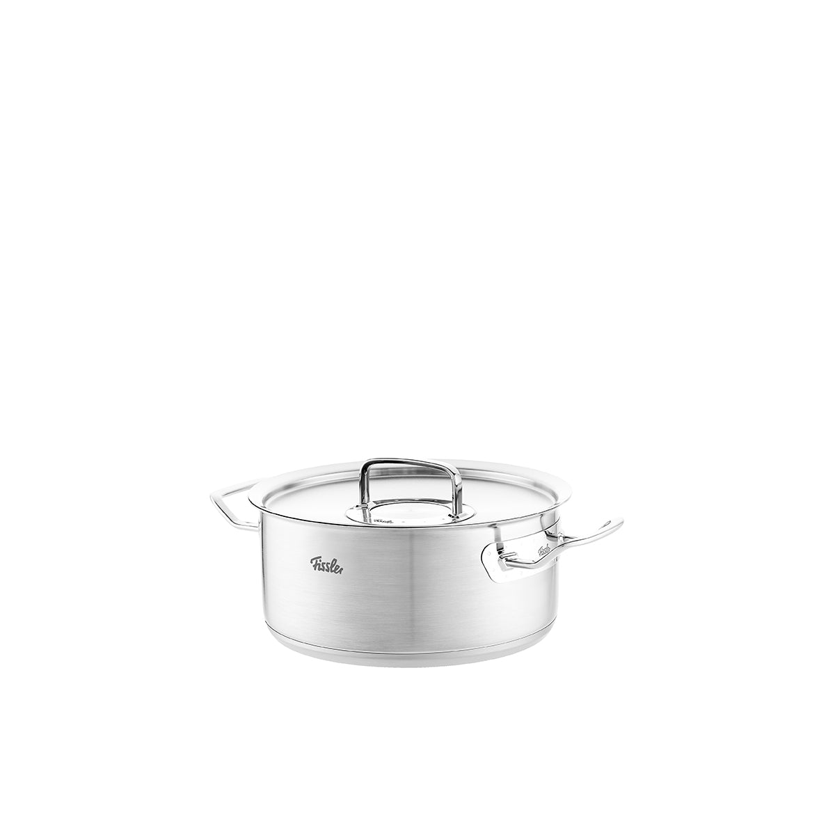 Fissler Original-Profi Collection® Bratentopf aus Edelstahl mit Metalldeckel und Griffen, induktionsgeeignet, Fissler-Logo sichtbar.