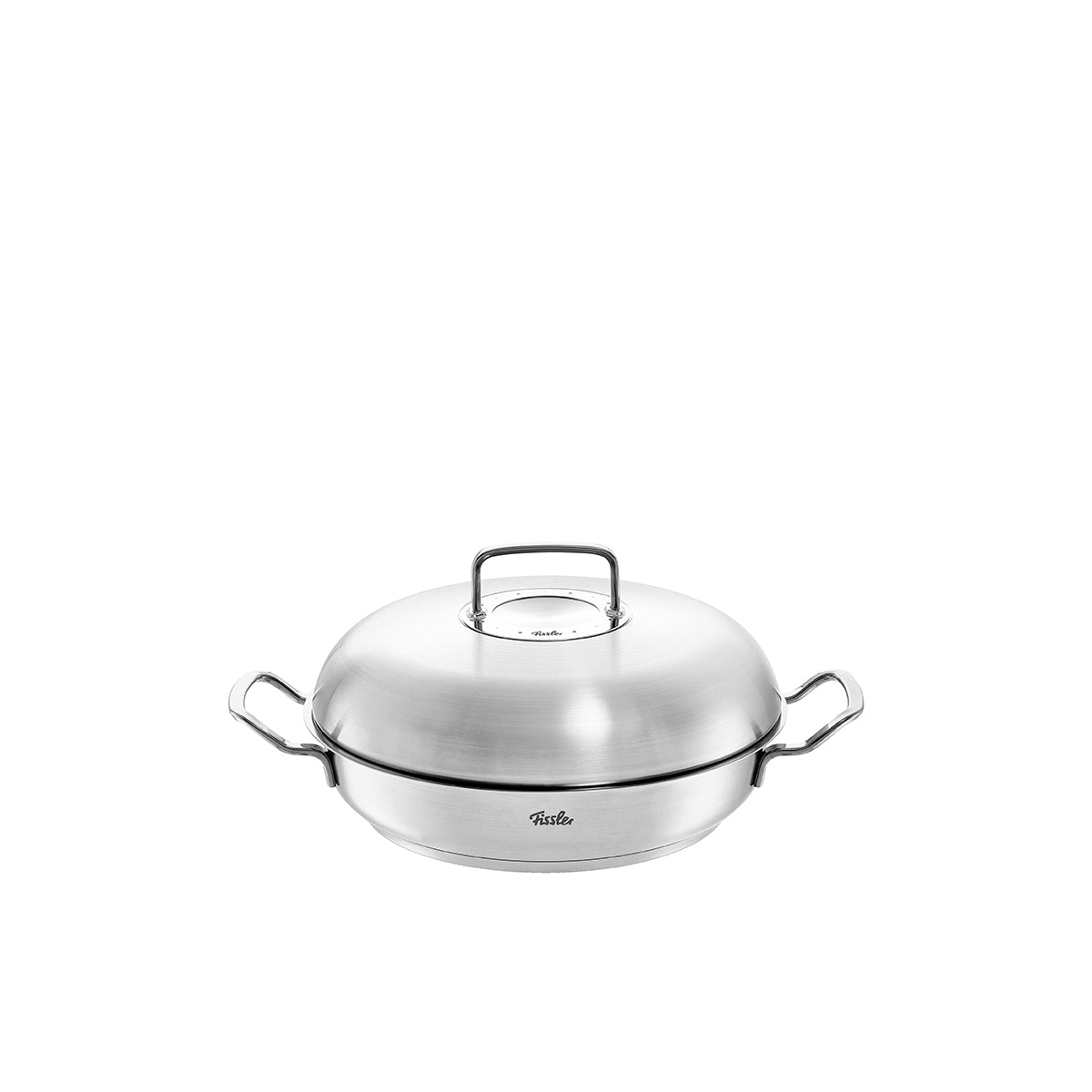 Original-Profi Collection® Servierpfanne aus Edelstahl mit Novogrill®, Hochraumdeckel, zwei Griffe. Zeitloses Design, Made in Germany.