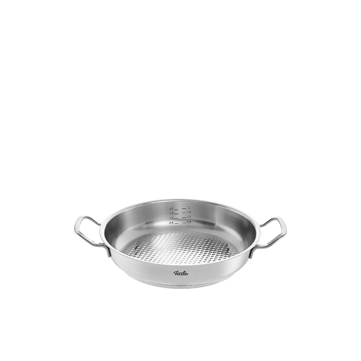 Die Fissler Original-Profi Collection® Servierpfanne aus Edelstahl, mit Griffen, geriffeltem Boden, leer vor weißem Hintergrund.