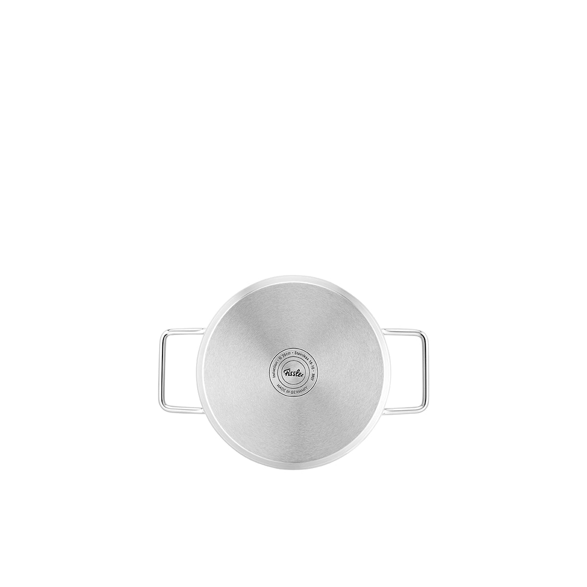 Draufsicht auf den Fissler Pure Collection Edelstahltopf mit Glasdeckel, zwei Griffen und dem charakteristischen Logo - Präzision Made in Germany.