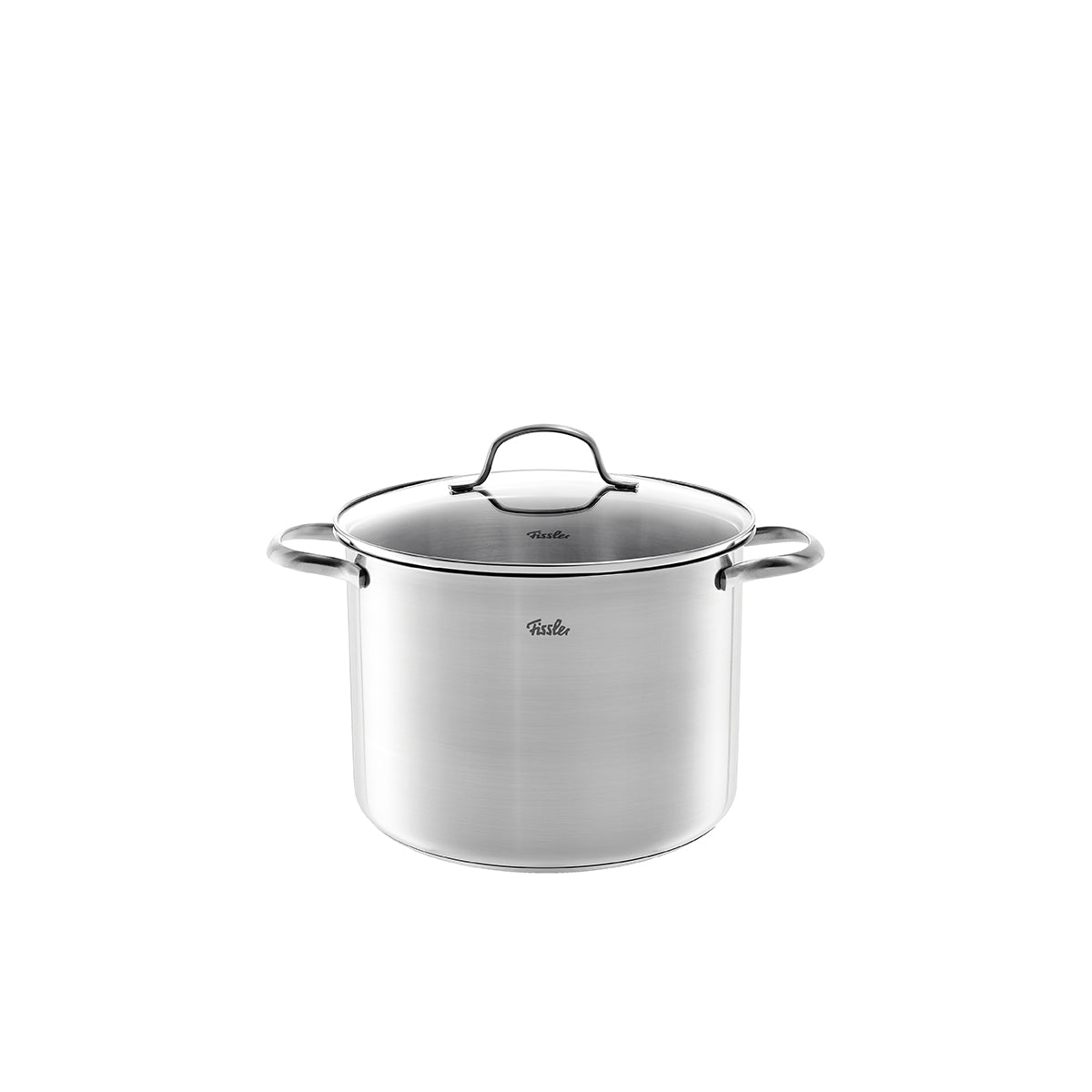 Fissler San Francisco Kochtopf aus 18/10 Edelstahl, mit zwei Griffen, Deckel & Mess-Skala. Modernes Design auf weißem Grund.
