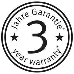 Ein kreisförmiges Abzeichen mit einer 3 in der Mitte, umrahmt von "Jahre Garantie" und "Jahr Garantie", hebt die 3-jährige Produktgarantie von Fissler hervor.