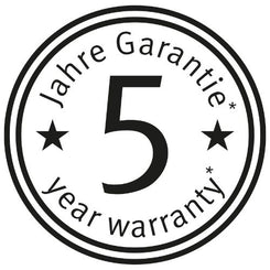 Ein kreisförmiges Abzeichen mit einer "5" in der Mitte, umgeben von "Jahre Garantie" und Sternen, die die Fissler-Qualitätssicherung widerspiegeln.