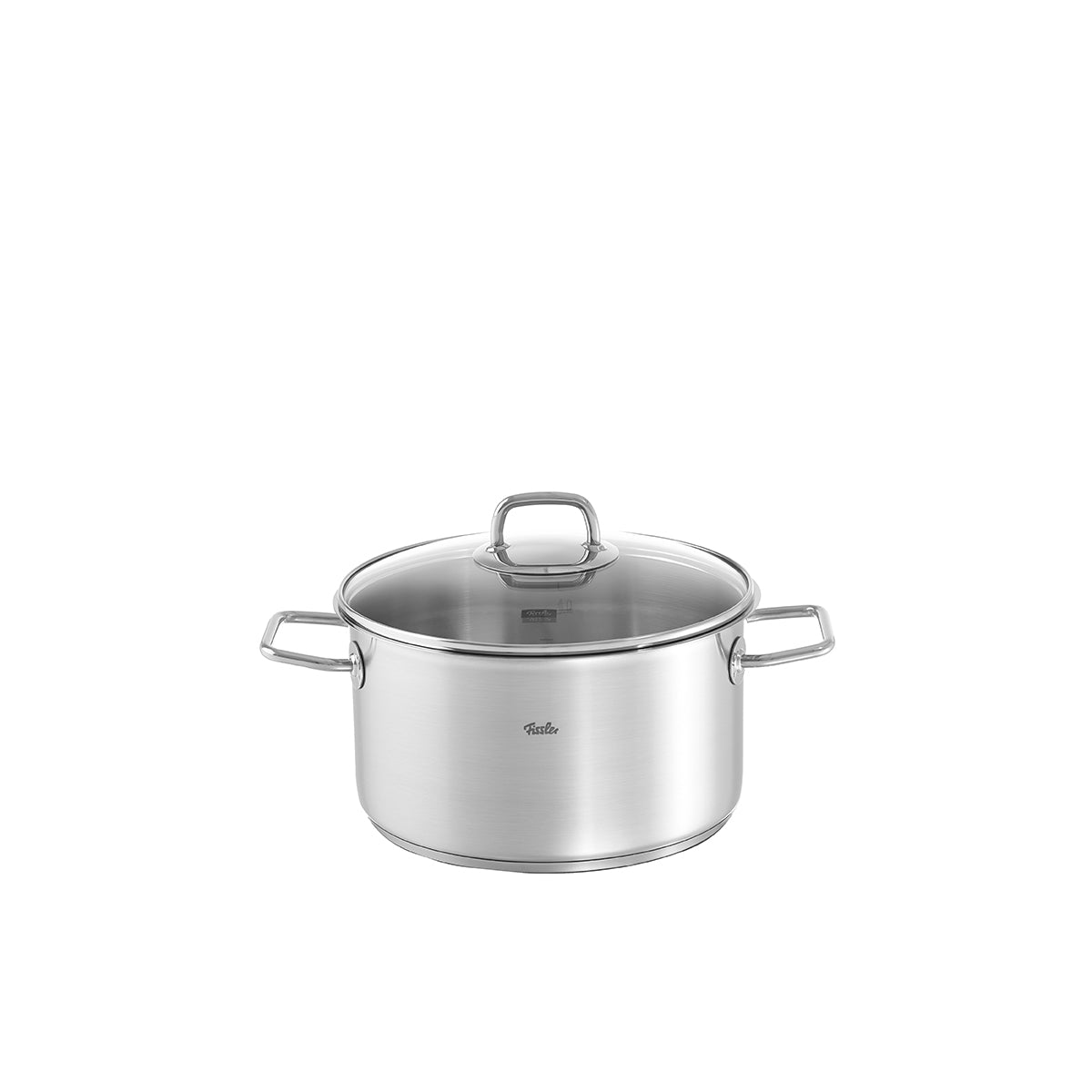 Fissler Viseo®-Edelstahltopf mit Glasdeckel und seitlichen Griffen, induktionsgeeignet. Modernes, langlebiges Design auf weißem Hintergrund.